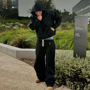 ชุดวอร์มผ้าคอตตอนสำหรับผู้ชายกางเกงวอร์มผ้าฝ้ายมีฮู้ดทรงหลวมระบายอากาศได้ดีน้ำหนัก500กรัมสไตล์สตรีทเทอร์รี่ฝรั่งเศส - Product Image 4