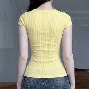 Pure Sexy Milky Yellow Lace Patchwork Cross Bust Knit Short Sleeve Top Sweet Cute Versatile U Neck Ruffle Trim Top - Product Image 6