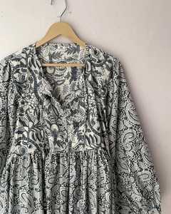 Vestido Casual con Estampado Floral, Cuello en V, Manga Larga, Corte Holgado, Largo Midi, Dobladillo Plisado, Tejido de Algodón Transpirable, para Uso Diario - Product Image 2