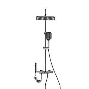Système de douche gris anthracite 4 fonctions avec bouton poussoir, robinet thermostatique, jets de pluie et doux, fixation murale et douchette à main - Product Image 3