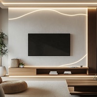 Meuble TV flottant en chêne clair moderne, console multimédia minimaliste en bois naturel avec étagères ouvertes, centre de divertissement contemporain