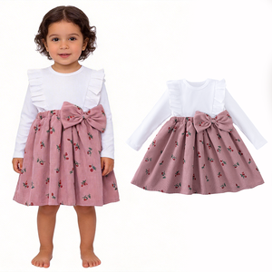 Vestito Floreale a Maniche Lunghe al Ginocchio per Bambine con Fiocco e <span class=keywords><strong>Volant</strong></span>, Morbido ed Elastico, Abbigliamento Casual per Bambini ODM - Product Image 1