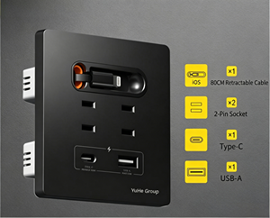 Prise murale YuHe Group type 86, 2 prises AC, 1 USB-C, 1 USB-A, câble rétractable intégré, style moderne - Product Image 4