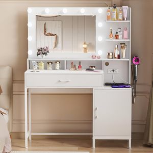 SENYU Coiffeuse Moderne Blanche avec Miroir LED et Tiroir de Rangement 39,4x55 Pouces pour Chambre à Coucher - Product Image 2