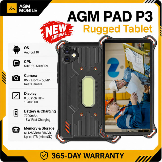 AGM PAD P3 Rugged Tablet PC 8" Inch 120Hz Display Dual-SIM 4G LTE Android 16 Built-in Camping Light NFC GPS Entertainment
