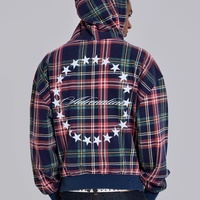 Hoodie Pria dengan Logo Kustom OEM, Motif Kotak-kotak Vintage, Bahan Fleece Berkualitas Tinggi, Model Drop Shoulder, Pinggiran Distressed, Grafis, dan Resleting Boxy.
