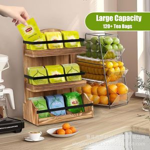Support de rangement transfrontalier en bois pour sachets de thé et capsules, étagère à épices de cuisine à trois niveaux avec séparateurs, support de rangement pour café - Product Image 2