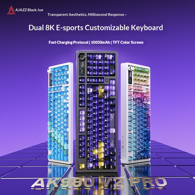 Ajazz AK980 V2 Pro 98% Tri Mode Gasket Hot Swappable Mechanical Keyboard 8K Hz TFT Screen 10000 MAh for PC Gaming