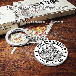 Porte-clés Rond Vintage Saint Christophe en Acier Inoxydable avec Impression UV et Médaille Religieuse en Relief – Charme Protecteur pour Voyageur - Product Image 2