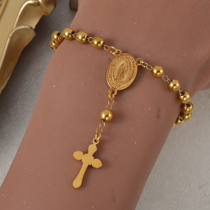 Western Geometric Gold Plated Glossy Ball <b>Rosary</b> Cross Guadalupe Virgin Oval Medal Adjustable 316L Stainless Steel Women's - Product Image 2