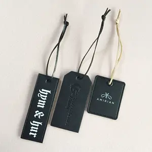 Customize Embossed Logo Hang Tags Black PU Genuine Leather Hangtag With Leather String for Bag