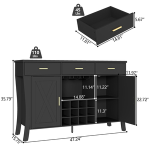 ตู้เก็บไวน์พร้อมไฟ LED, ชั้นวางเครื่องดื่มและแก้วสไตล์ฟาร์มเฮาส์, ที่เก็บของสำหรับมุมกาแฟ - Product Image 5