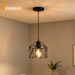 Modern Black Metal <strong>Cage</strong> Ceiling Lamp Single Head Industrial Pendant <strong>Light</strong> Geometric Wire Dining Living Bedroom Kitchen Lighting - Product Image 1