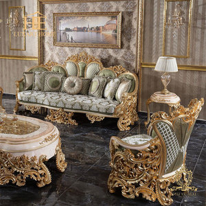 Ensemble de canapés européens classiques de luxe sculptés à la main avec revêtement en tissu rembourré en éponge pour le salon d'un appartement - Product Image 1