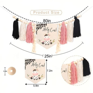 ธงประดับงานวันเกิดและปีใหม่สำหรับเด็ก ทำจากลูกปัดไม้สไตล์วัวน่ารัก เป็นมิตรกับสิ่งแวดล้อม ทนทาน พร้อมพู่ขนสัตว์ - Product Image 4