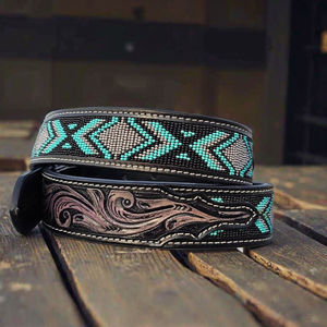 Ceinture de cowboy en cuir perlé personnalisée fabriquée à la main accessoire de mode Premium avec gravure florale - Product Image 1