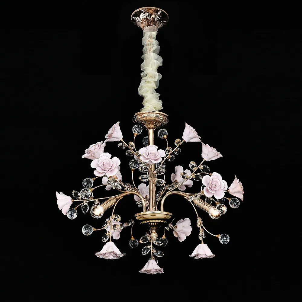 Fabricante Retro hecho a mano candelabro de cerámica hierro forjado Flor de lujo 8 brazo lámpara colgante sala de estar dormitorio decoración de la boda