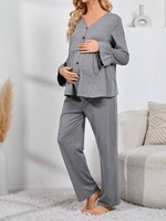 Ensemble de vêtements de maternité pour femmes enceintes : Haut peplum boutonné et pantalon de pyjama à taille ajustable