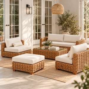Coastal Style PE Wicker Rattan Outdoor Sofa Set with Waterproof Cushions for Garden Patio Living Space - Product Image 1