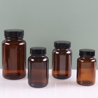 Botol pil kaca Amber 150ml dengan tutup hitam dan penggaris Tekan