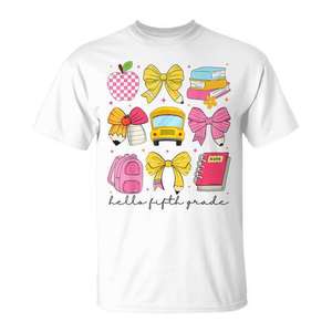 Camiseta Hello Fifth Grade para niñas, cuello redondo, manga corta, estampado digital, ropa infantil - Product Image 1
