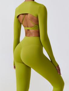 Lanyu <span class=keywords><strong>donna</strong></span> 3 pezzi Fitness <span class=keywords><strong>palestra</strong></span> abbigliamento sportivo senza cuciture manica lunga Crop Top traspirante tuta da Yoga stampata leggera - Product Image 4