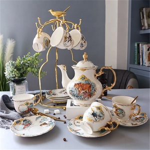 New Arrival 20 Pcs Nordic Luxury Gold Stand Cup Holder Jungle Bone China Customizable Color Coffee <b>Tea</b> <b>Sets</b> - Product Image 1