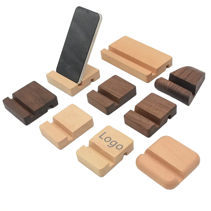 wholesale Creative lazy solid wood cell phone bracket stand print logo desktop beech black walnut wooden mobile phone holders