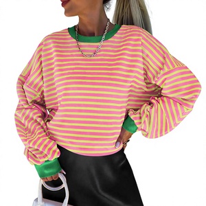 Sweat-shirt rayé oversize pour femme, col rond, épaules tombantes, manches longues, tricoté, décontracté, pour le printemps, prix abordable, haute qualité - Product Image 6