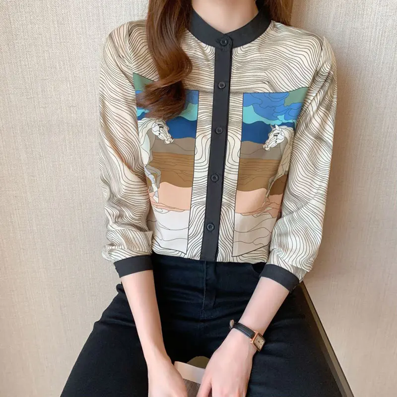 Luxury Stripe Horse Print Blouse Tops Women Elegant Stand Collar Patchwork Single Breasted Long Sleeve Daily Chiffon Shirt Lady
