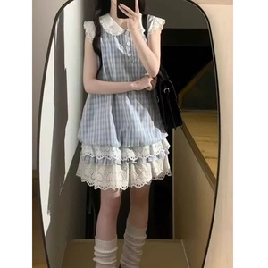Sweet Cute Summer Plaid Dress Peter Pan Collar Lace Trim Japanese Style Cake Dress Blue Casual Daily Wear - Product Image 2