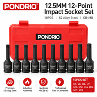 Jeu de douilles à cliquet PONDRIO Premium 10 pièces 1/2" Dr. 12 points, jeu de douilles industrielles en acier allié S2 haute résistance pour la réparation automobile