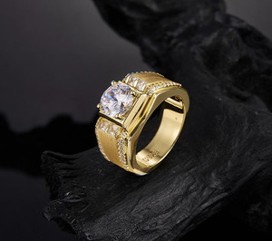 Men's Yellow <b>Gold</b> <b>Cocktail</b> <b>Ring</b> With Round Brilliant Moissanite Shield Setting Pave Accents Classic Style Engagement <b>Ring</b> - Product Image 6