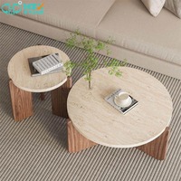 Table basse ronde HZX en marbre travertin naturel poli, beige Cardin, pour salle à manger et salon