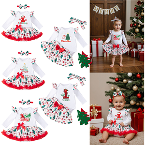 <span class=keywords><strong>Tenue</strong></span> de Noël pour bébé fille, body à manches longues avec imprimé Père Noël et jupe en tulle rouge + bandeau, 0-24 mois, robe de fête de Noël - Product Image 1