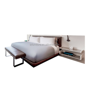 Lit d'hôtel abordable avec draps et matelas, lit plateforme en bois king size avec table de chevet et tête de lit pour chambre d'hôtel - Product Image 4