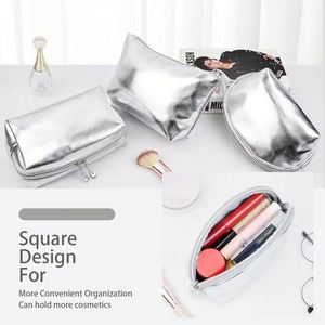 Bolsa de Aseo de Viaje Impermeable Grande de Cuero PU para Mujeres y Niñas, Bolso de Mano Plateado Impermeable, Bolsa de Maquillaje Plateada de PU - Product Image 1