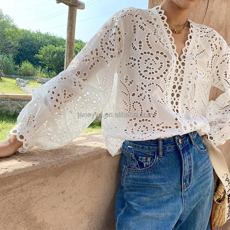 New Trendy Allover Embroidery Vintage Shirt Sheer Effect Long Sleeve Delicate Lace V Neck Elegant Blouse Resort White Blouse