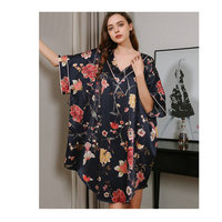100% Satin Soie Robe Robe Fleur Imprimé Genou Longueur Chemise De Nuit Plus La Taille Respirant Vêtements De Nuit pour Un Usage Domestique