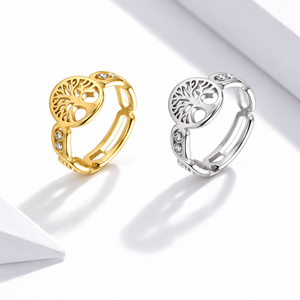 Bague en acier inoxydable plaqué or 14 carats sous vide avec motif arbre et zircon - Product Image 1