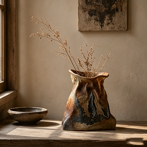 Vase en céramique fait main marbré aux tons terreux, forme sac froissé irrégulière, style Wabi Sabi, pour décoration de table ronde - Product Image 3