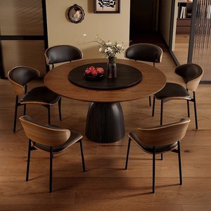 Juego de mesa y sillas de comedor de madera maciza estilo vintage, 6 piezas, redondo con mesa giratoria para comedor - Product Image 1