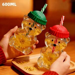 Vaso de vidrio de borosilicato de 16 oz al por mayor con tapa de pajita, para bebidas, café, leche, botella de vidrio con diseño de oso de peluche para regalos de <span class=keywords><strong>Navidad</strong></span> - Product Image 2