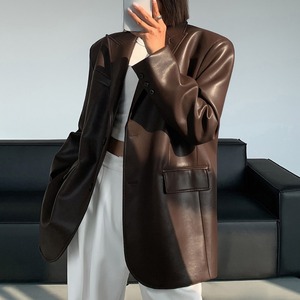 Manteau Streetwear Vintage Automne Hiver <span class=keywords><strong>en</strong></span> Faux Cuir, Longues Manches, Veste Décontractée à Revers et Boutonnage Simple <span class=keywords><strong>pour</strong></span> <span class=keywords><strong>Femme</strong></span> - Product Image 1
