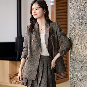Women's Grey Suit <b>Jacket</b> Set With Pleated Skirt Solid Color Polyester Worsted No-Wrinkle Treatment Spring Autumn Casual Wear - Product Image 2