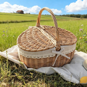 Wicker <b>Basket</b> Oval Linen Lined With Handle For Picnic Storage Food Container <b>Small</b> Medium Large Size - Product Image 2