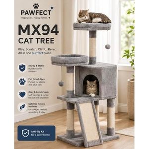 ต้นไม้แมว Pawfect Mx94 สูง 45.3 นิ้ว สีเทา หลายระดับ พร้อมคอนโดและเสาข่วนทำจากเส้นใยป่านศรนารายณ์ สำหรับแมวปีนป่าย - Product Image 3