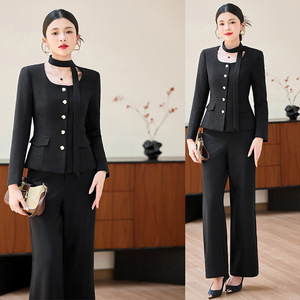 Women's Two Piece Suit Set Black <b>Wool</b> Blend Full Sleeve O Neck Elegant Autumn Workwear Pantsuit - Product Image 1