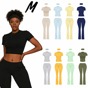 Completo Sportivo Casual da Donna 2026 con Logo Personalizzato: Top a Maniche Corte <span class=keywords><strong>e</strong></span> <span class=keywords><strong>Pantaloni</strong></span> <span class=keywords><strong>Lunghi</strong></span> con Fascia per Capelli, Tinta Unita - Product Image 2