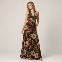 Robe longue personnalisée pour femme, imprimé floral marron, col halter, dos nu, en mousseline, pour la plage, les vacances d'été et les soirées